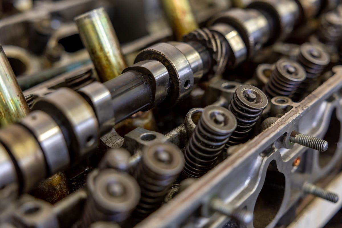Close-up of an engine camshaft and valve springs